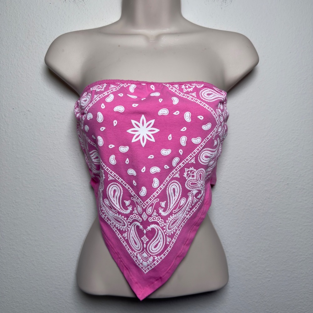 Design by Olivia Womens Cotton Bandana Tube Top S‎ Pink Paisley Handkerchief Hem
